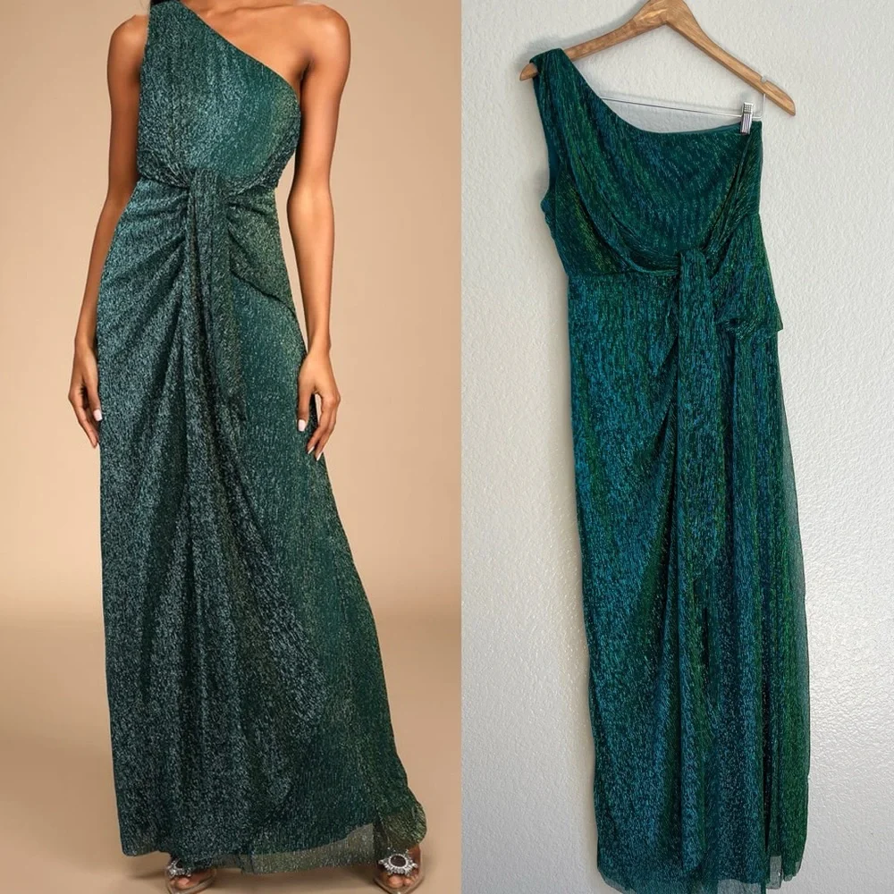Glamorous Glitz Shiny Teal Green One-Shoulder Maxi Dress